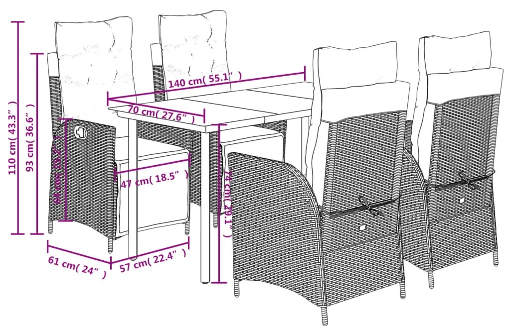 5 pcs conjunto de jantar p/ jardim c/ almofadões vime PE cinza