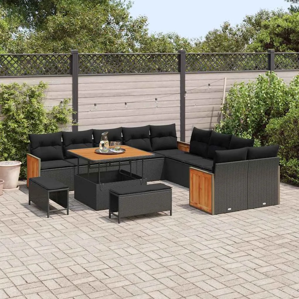 Conjunto de Sofás de Jardim de 13 Peças com Almofadas Preto Polyrattan