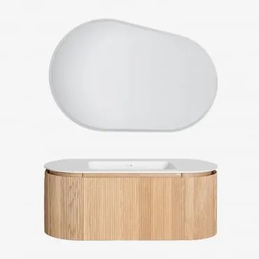 Conjunto De Móvel De Casa De Banho Em Madeira Com Lavatório Integrado Carsone Madeira Natural & Sem Unidade Auxiliar & Oval Led - Sklum