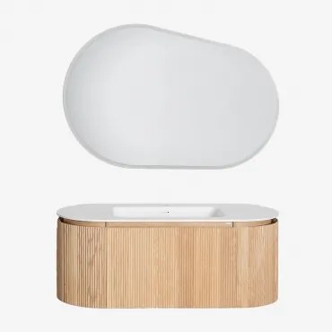Conjunto De Móvel De Casa De Banho Suspenso Em Madeira Com Lavatório Integrado Carsone Madeira Natural & Sem Unidade Auxiliar & Oval Led E Anti-embaci