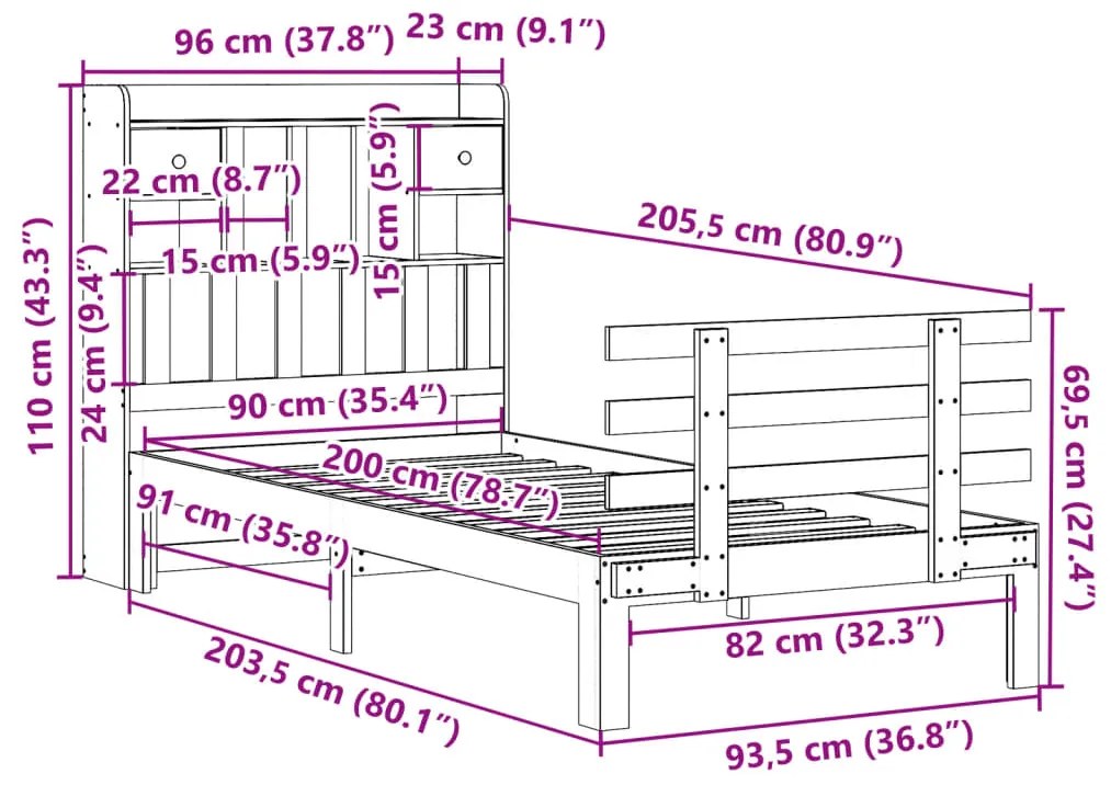Cama com estante sem colchão 90x200 cm pinho maciço branco