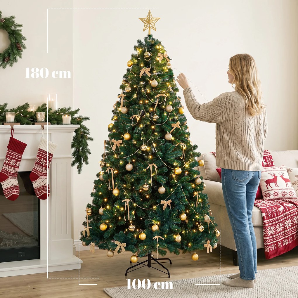 Árvore de Natal Decorativa 180 cm com 240 LED, 755 Pontas Ignífugas, Estrela, 30 Bolas, 18 Laços e Decoração Dourada, Verde
