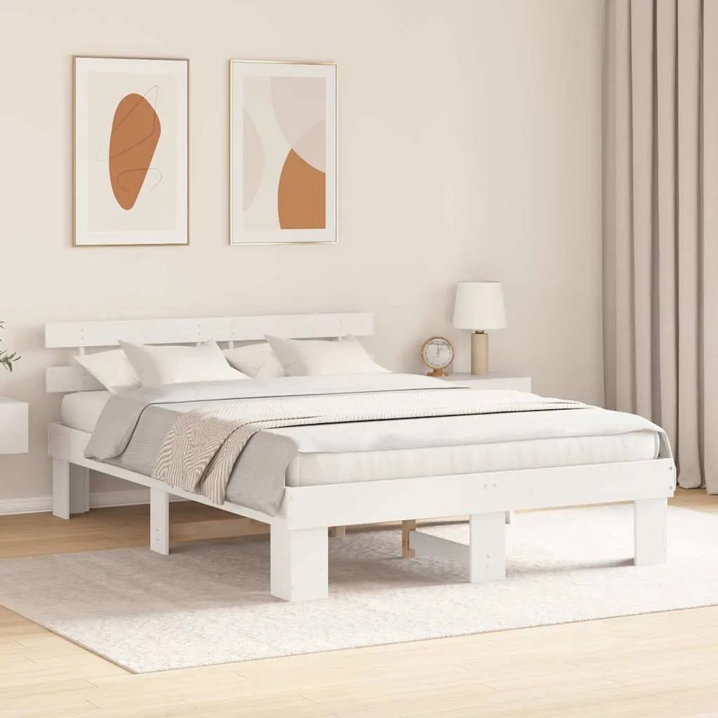 Estrado de Cama com Cabeceira Branco 140x200 cm Madeira Sólida Pinho