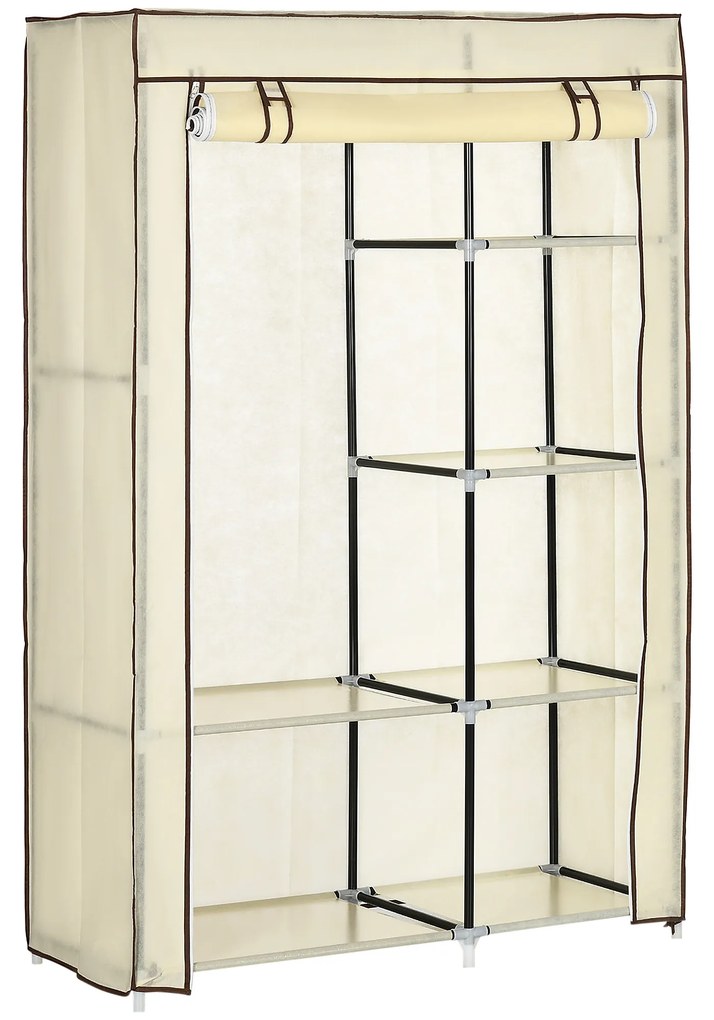 HOMCOM Roupeiro de Tecido Dobrável com 6 Prateleiras e 1 Barra de Pendurar para Dormitório Vestidor 103x43x162,5cm Creme