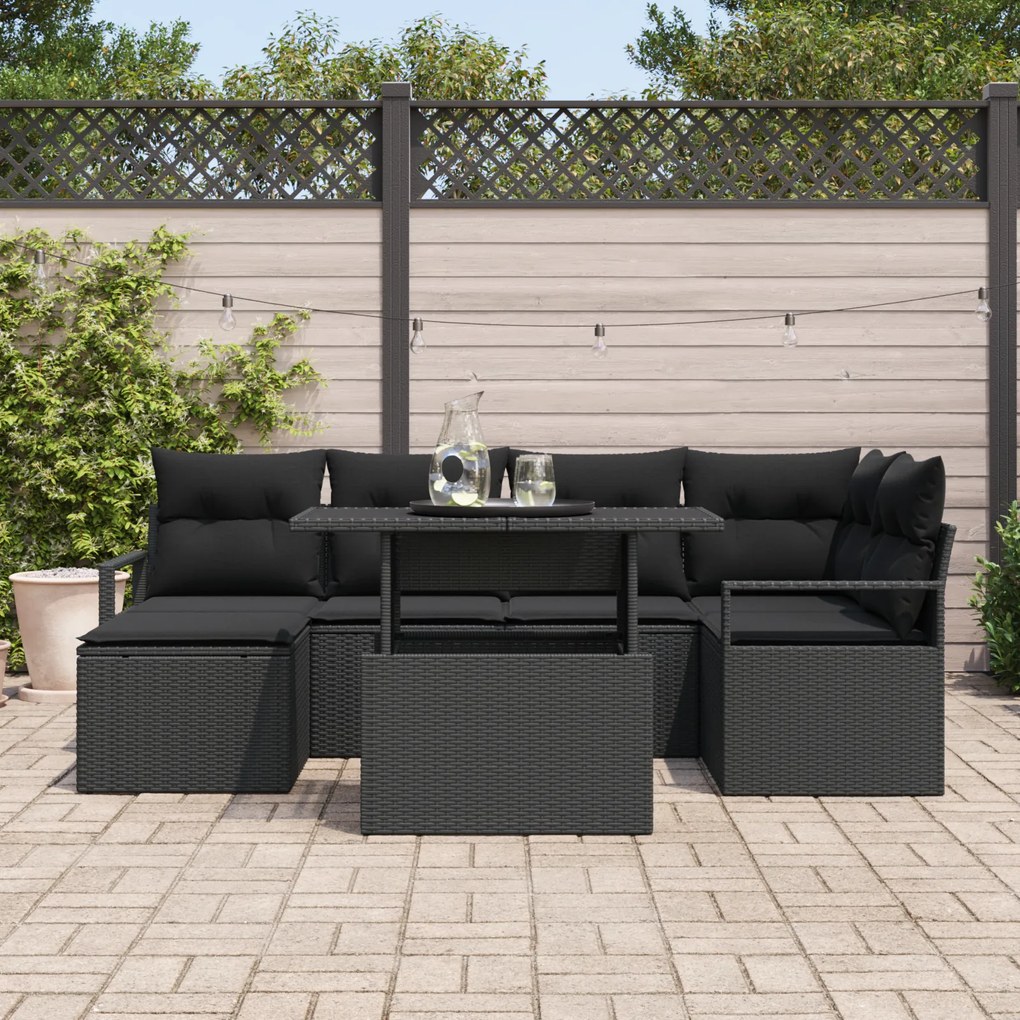 Conjunto de Sofá de Jardim vidaXL de 7 Peças com Almofadas Preto Ratta