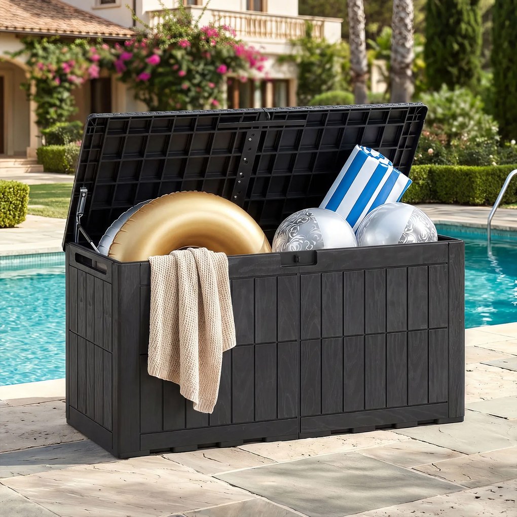 Baú de Arrumação Exterior, 121 x 53 x 61 cm, Função de Banco de Jardim, Preto