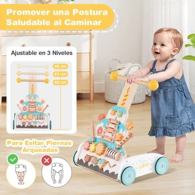 Andadilho de madeira para bebés de empurrar ajustável em altura com centro de atividades Xilofone Blocos deslizantes