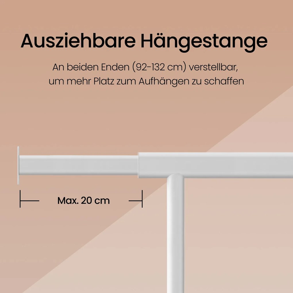 Cabideiro com rodas e barra extensível 45 x (92-132) x 161,5 cm branco