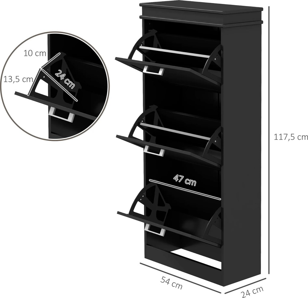 Sapateira armário com 3 portas basculantes para 15 pares, prateleiras ajustáveis, 54 x 24 x 117,5 cm, preto