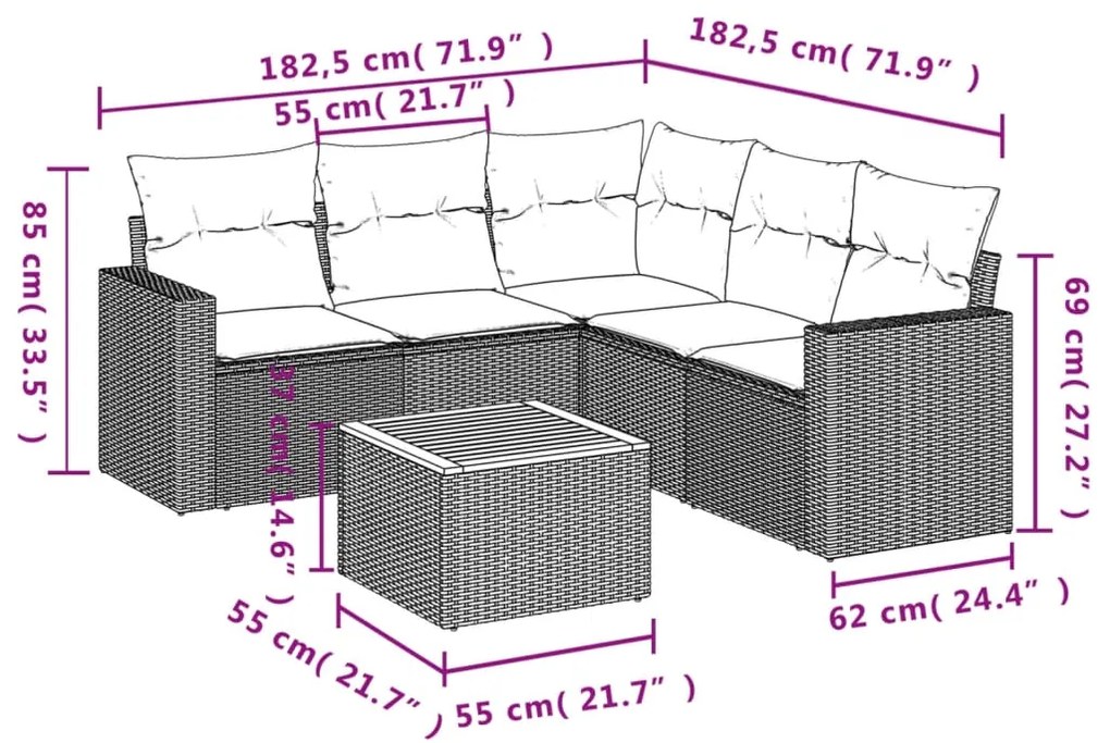 6 pcs conjunto sofás de jardim c/ almofadões vime PE preto