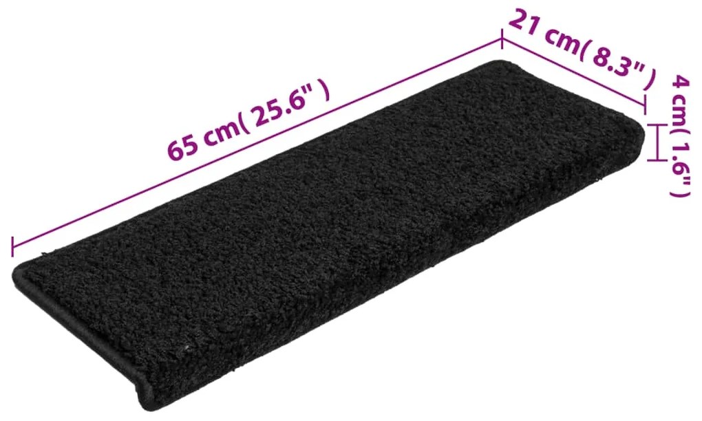 Tapete/carpete para degraus 15 pcs 65x21x4 cm preto