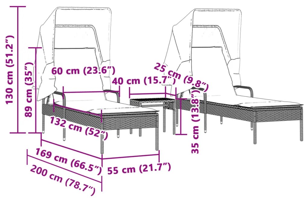 Espreguiçadeiras com toldos e mesa 2 pcs vime PE bege
