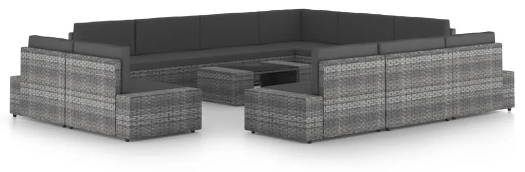 12 pcs conjunto lounge de jardim c/ almofadões vime PE cinzento