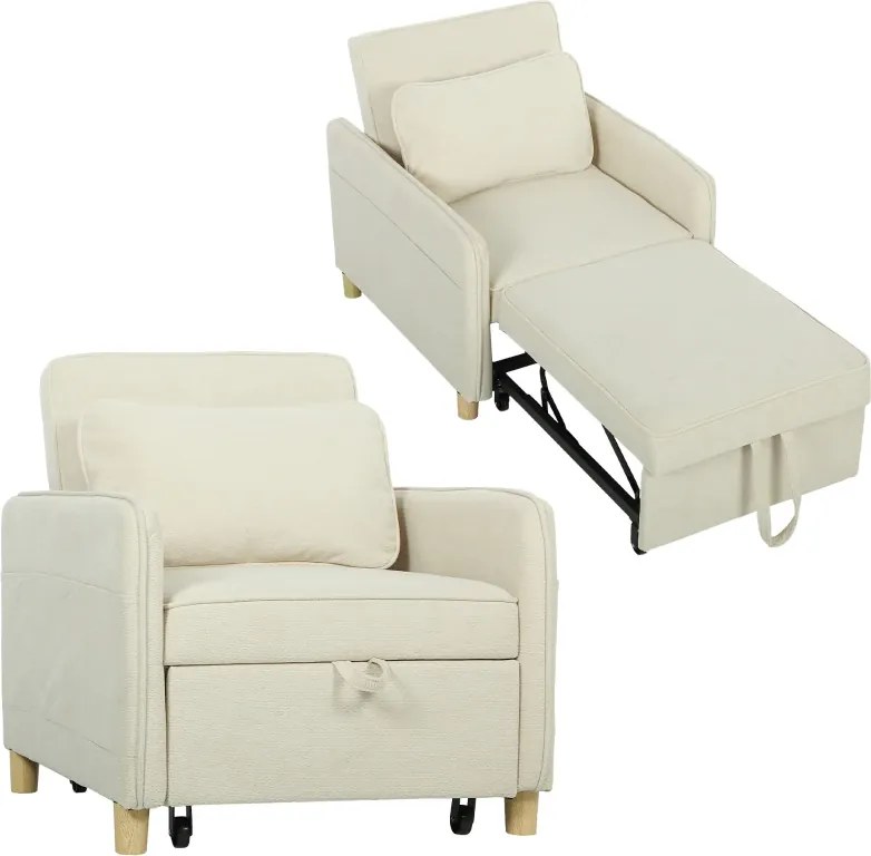 Poltrona Cama Estofado em Veludo Ecológico com Encosto Ajustável 3 Níveis 6 Bolsos Laterais 74x85,5x82 cm Bege