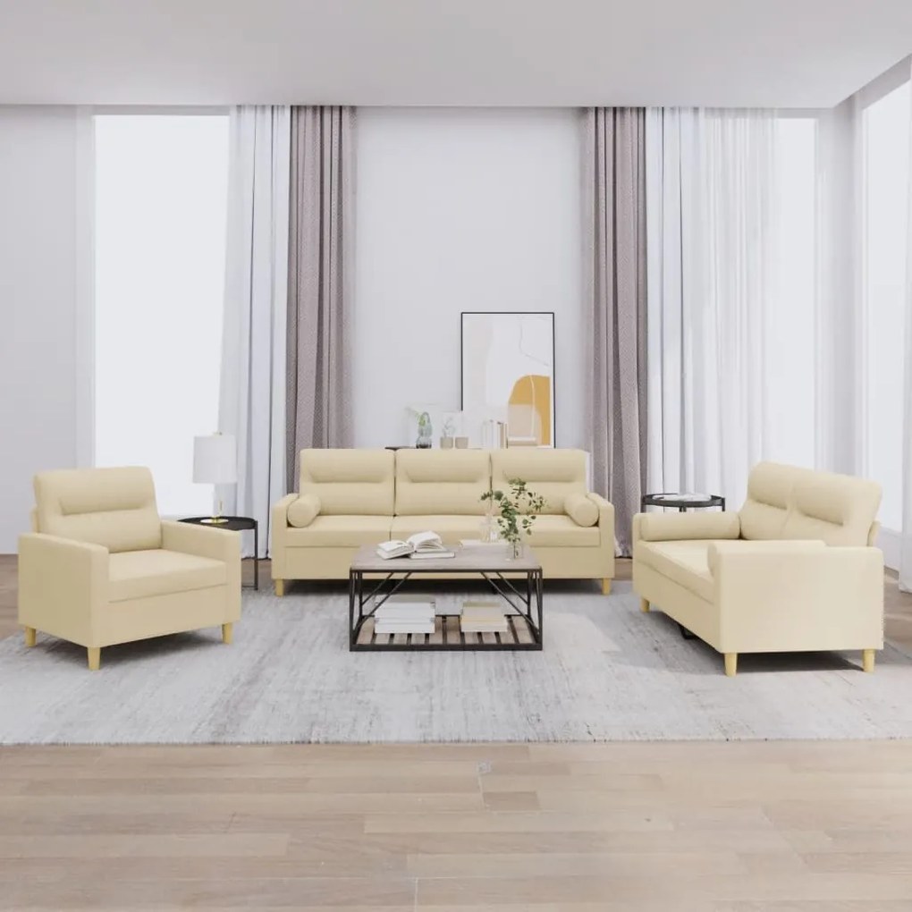 3201554 vidaXL 3 pcs conjunto de sofás com almofadas tecido cor creme