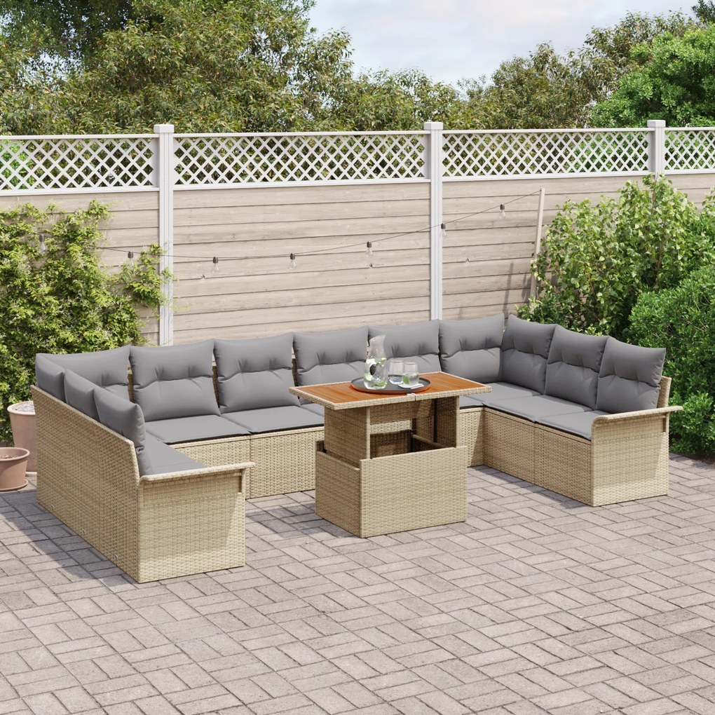 Conjunto de Sofás de Jardim vidaXL 11 Peças com Almofadas Bege Rattan