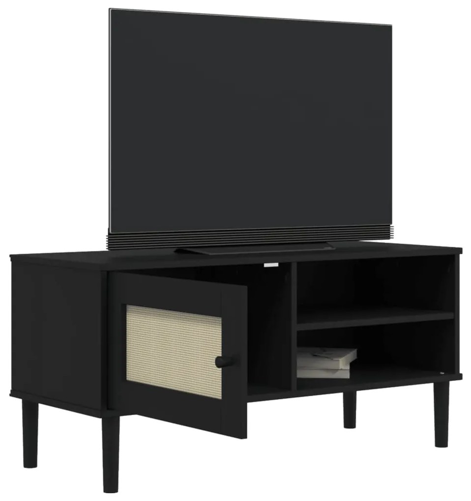 Móvel de TV SENJA aspeto vime 106x40x49 cm pinho maciço preto