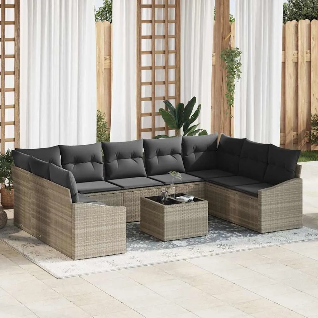vidaXL Conjunto de Jantar para Jardim de 10 Peças com Almofadas em Rattan de Poliéster Cinza