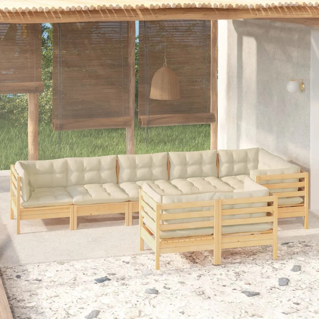 vidaXL 8 pcs conjunto lounge jardim c/ almofadões creme pinho maciço