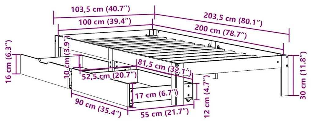 Estrutura de cama c/ gavetas 100x200 cm pinho maciço branco