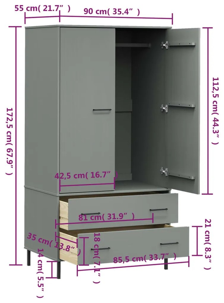 Roupeiro c/ pernas metal 90x55x172,5 cm madeira OSLO cinzento