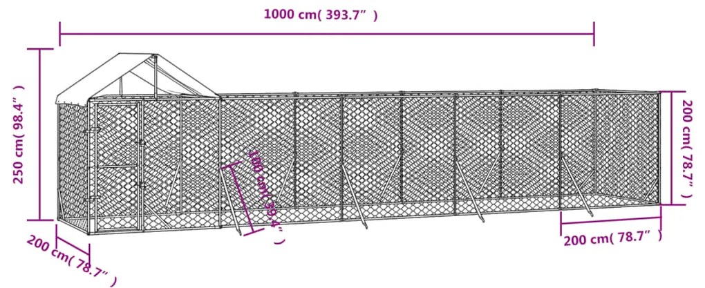 Canil de exterior com teto 10x2x2,5 m aço galvanizado prateado