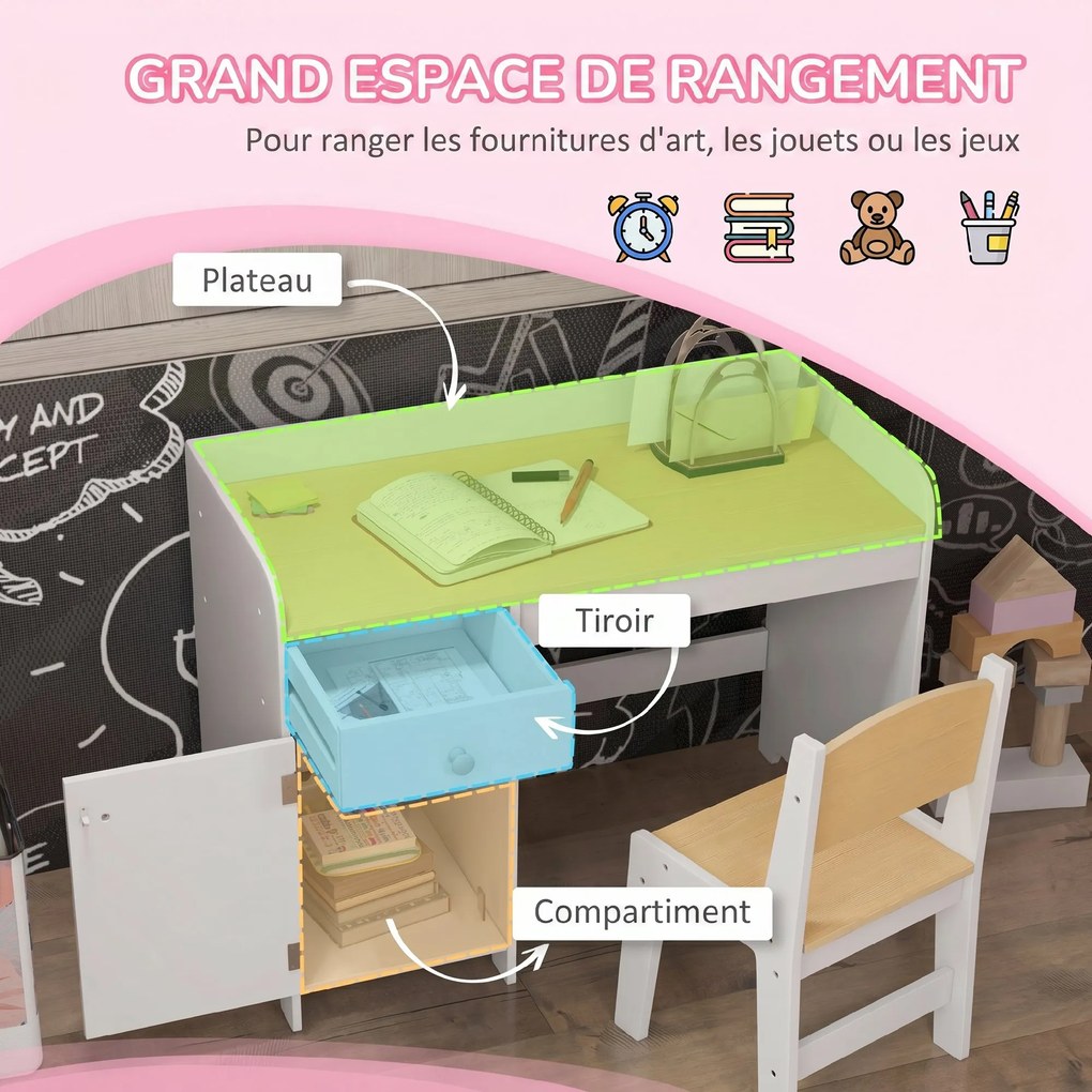 Conjunto de 2 Peças de Secretária Infantil e Cadeira, 80 x 39 x 59 cm, Arrumação Ampla, Branco