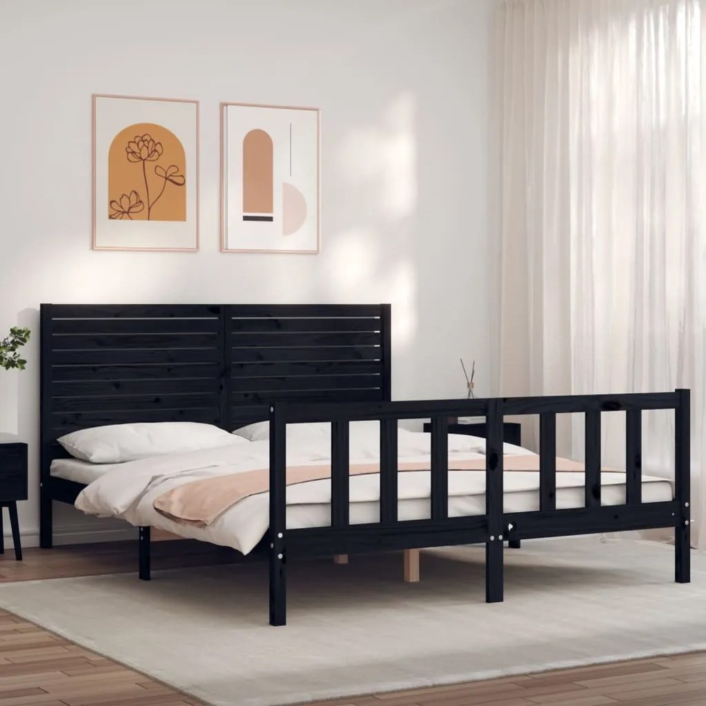 Estrutura de cama com cabeceira 160x200 cm madeira maciça preto