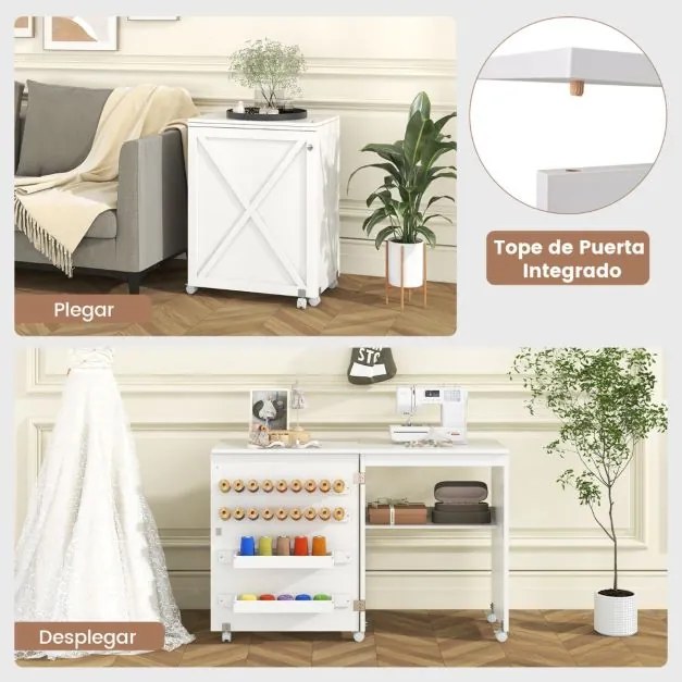 Mesa de Costura Dobrável Multifuncional Estante Compacta 2 Tabuleiros e 18 Pinos Armário de Costura com Porta e 5 Rodas Branco