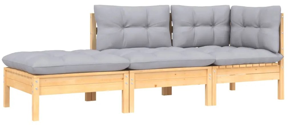 3 pcs conj. lounge jardim c/ almofadões cinzentos pinho maciço