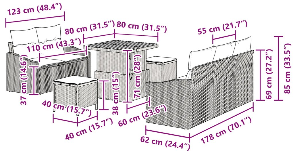 Conjunto de Sofá de Jardim vidaXL de 8 Peças com Almofadas Bege em Rat