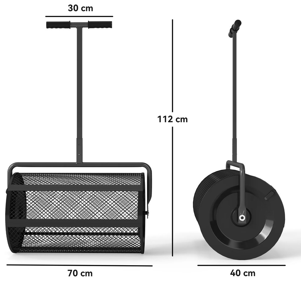 Espalhador de Composto 300L 70x40x112 cm Espalhador de Adubo para Relvado com Guiador Ajustável Cesto de Rede Metálica Preto