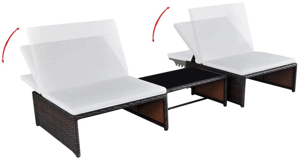 Cadeiras jardim reclináveis 2 pcs c/ mesa vime PE castanho