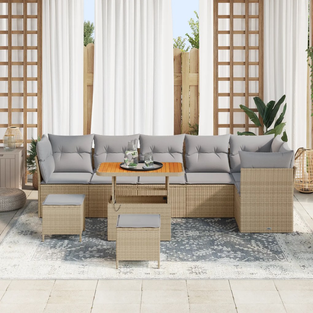 Conjunto de Sofá de Jardim vidaXL 9 Peças com Almofadas Bege Rattan Po