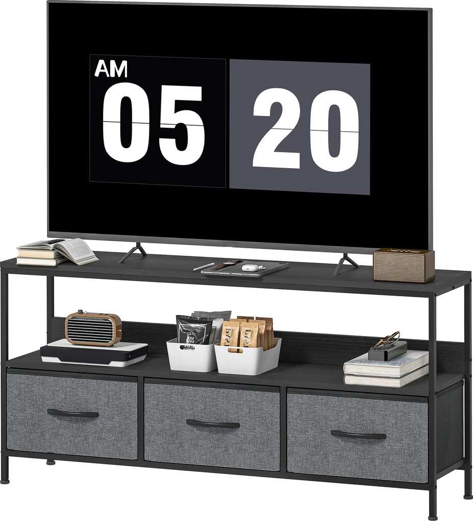 Móvel para televisão 120 x 29 x 56 cm, adequado para televisores até 55 polegadas, com 3 gavetas tecido e pés em aço, cinzento, preto