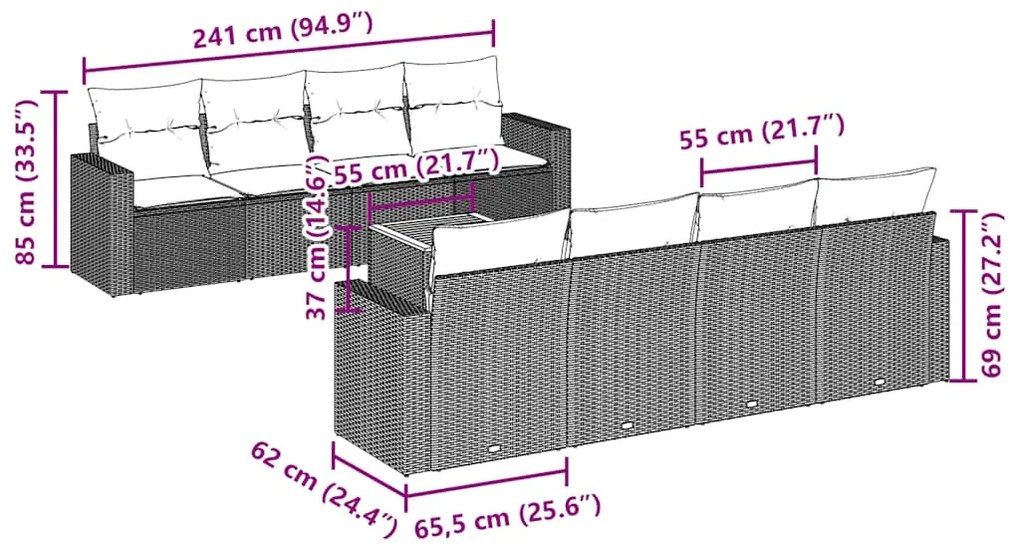 9 pcs conjunto de sofás p/ jardim c/ almofadões vime PE preto