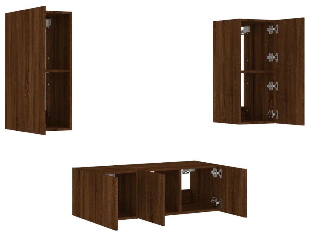 4 pcs móveis parede TV c/ LEDs deriv. madeira carvalho castanho
