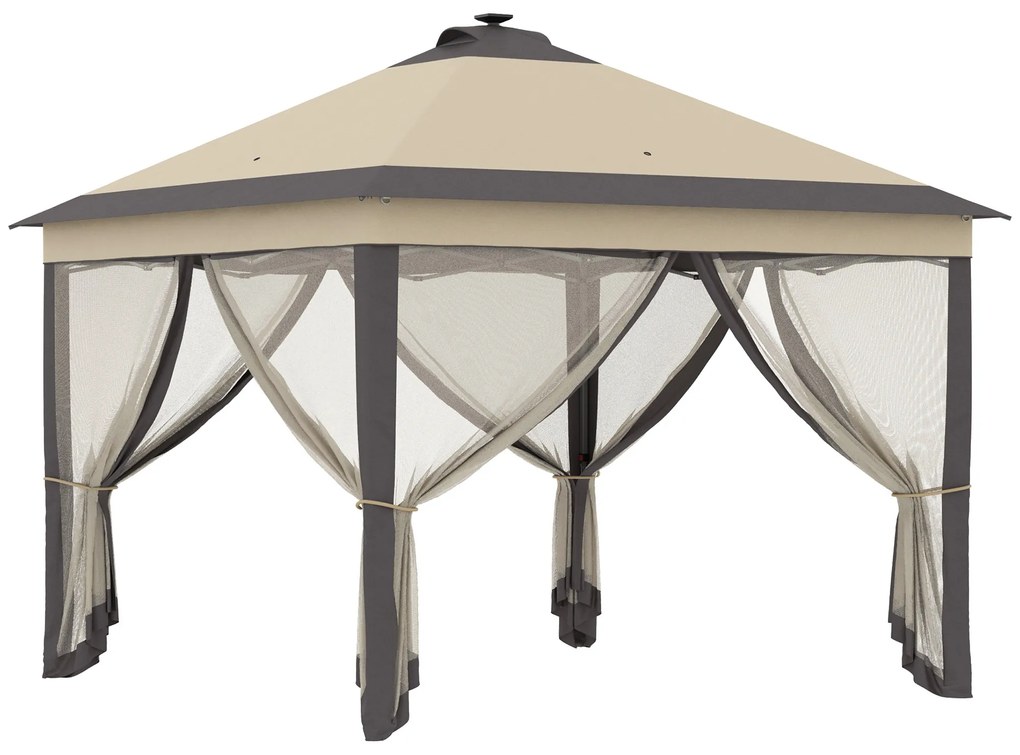 Outsunny Pérgola Dobrável Exterior Luzes LED Controle Remoto 4 Mosquiteiras Removíveis Bolsa Transporte 3,3x3,3x2,9 m Bege | Aosom Portugal