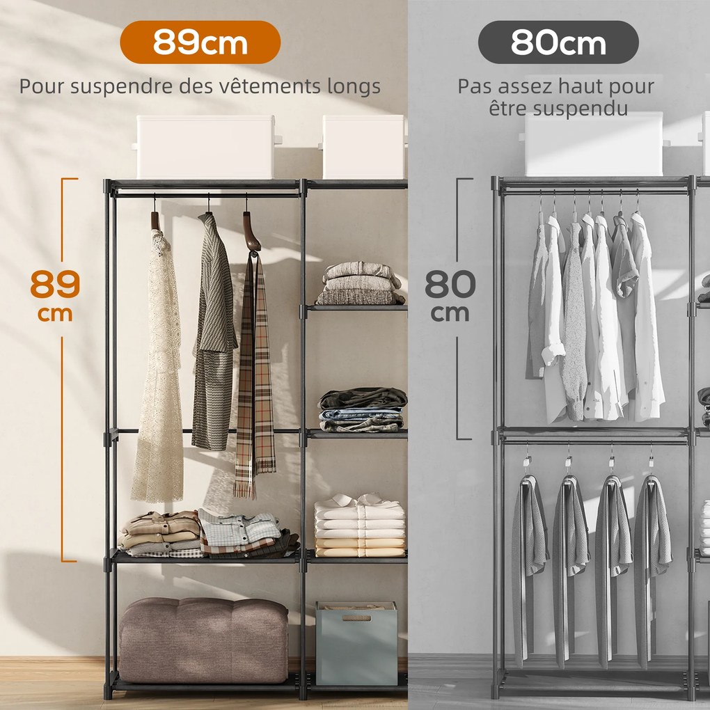Guarda roupa aberto em tecido com barra para pendurar roupa e prateleiras, 182 x 43 x 185 cm, preto