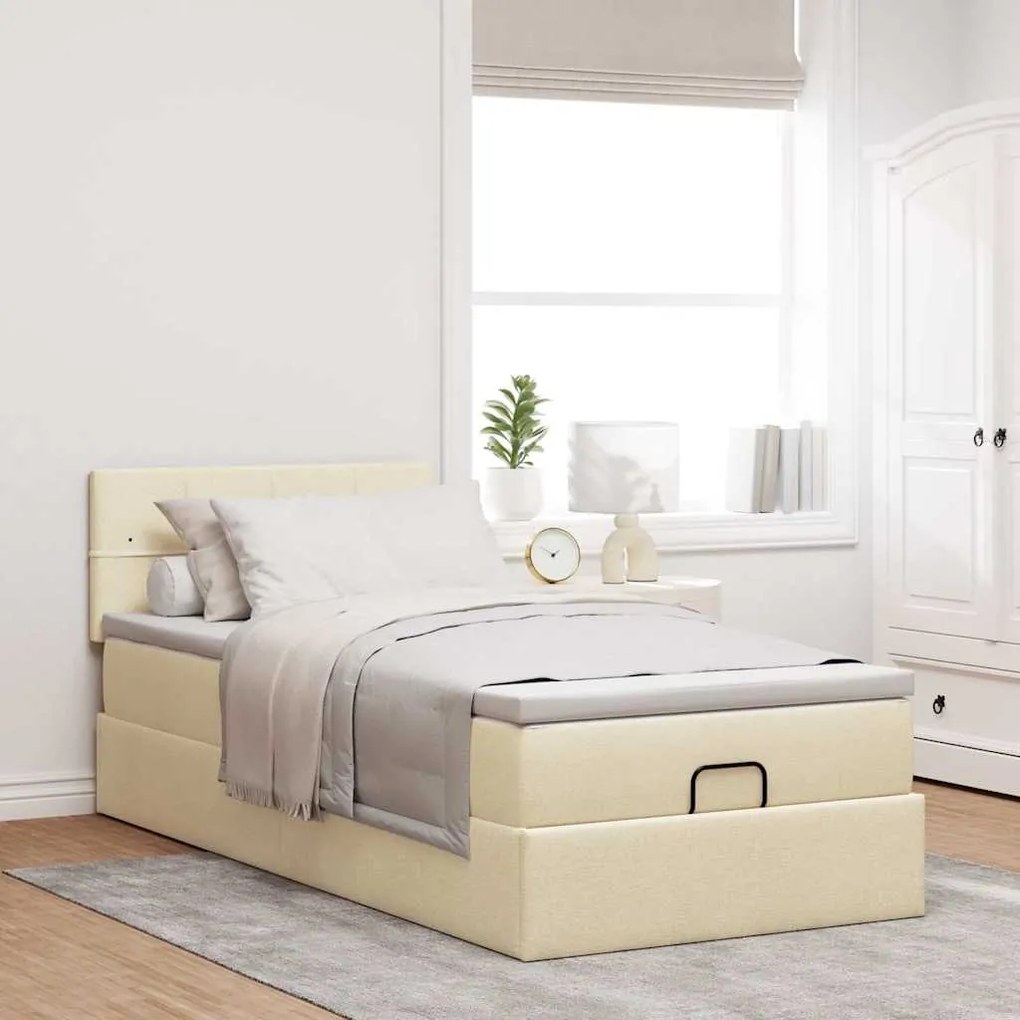 Cama Otomana com colchão &amp; LEDs 90x200 cm tecido creme