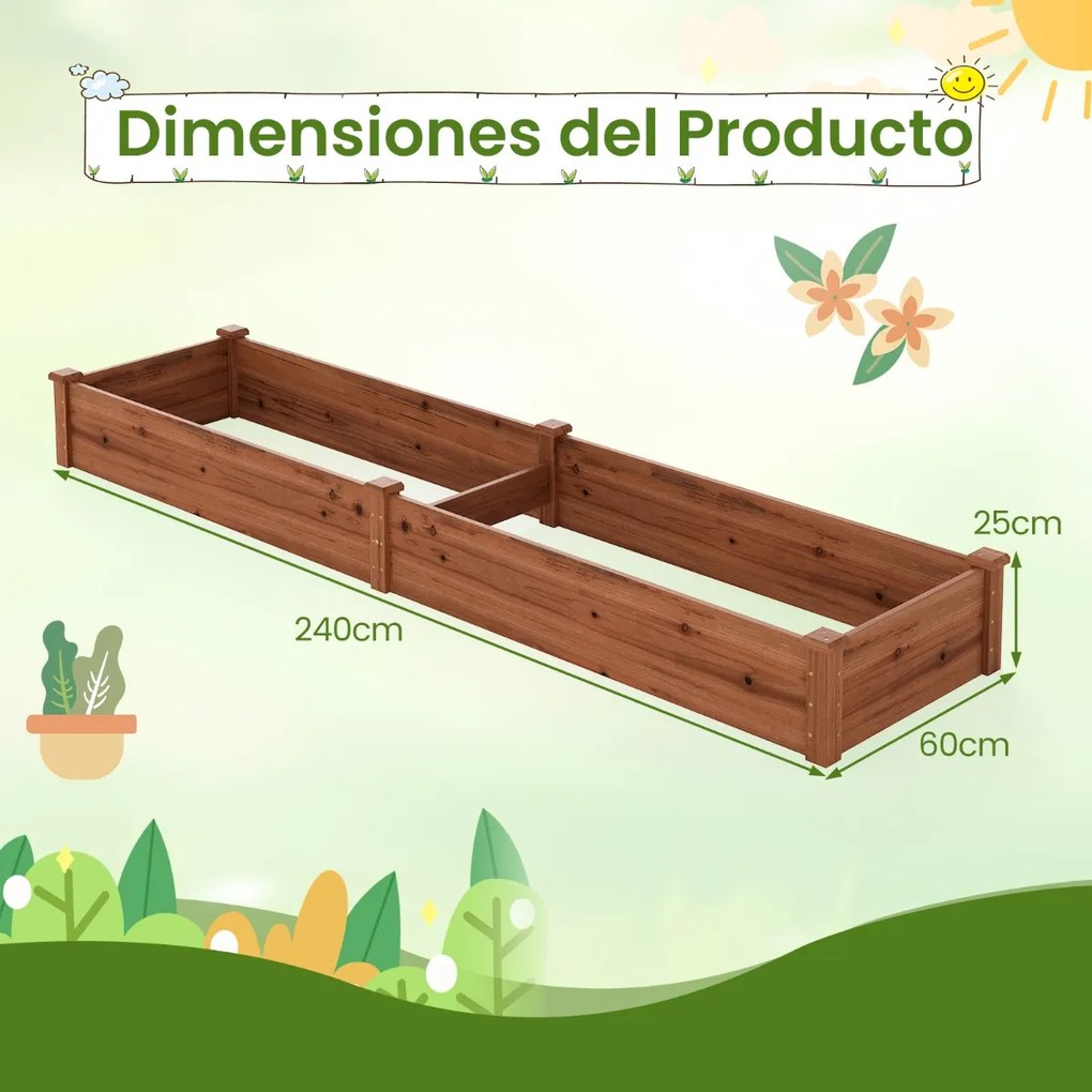 Floreira de madeira 240 x 60 x 25 cm para legumes, flores, ervas e frutas para quintal, jardim, relvado  Café