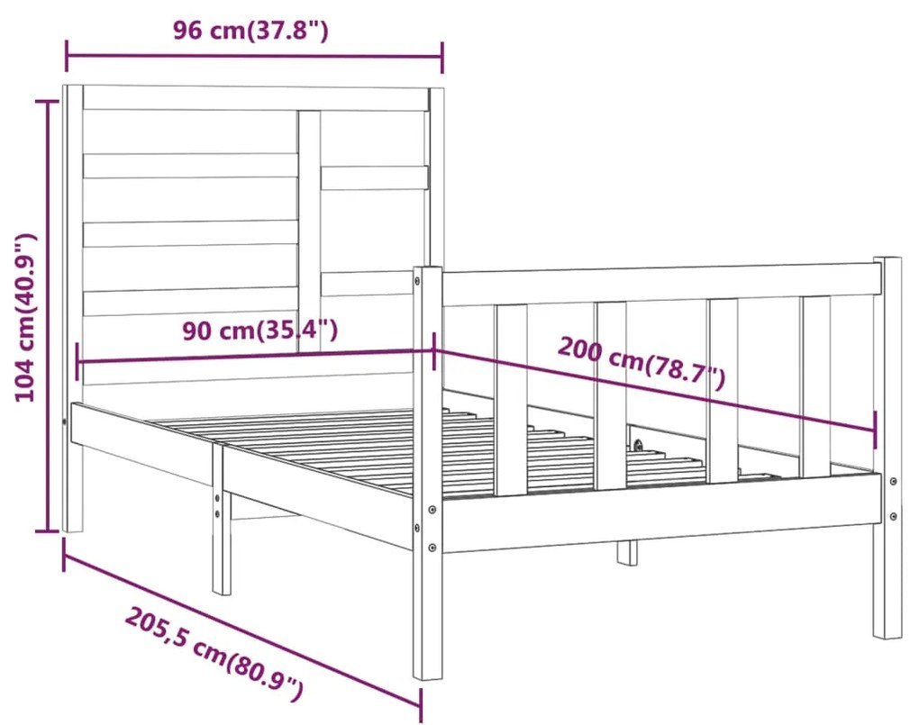 Estrutura de cama 90 x 200 cm pinho maciço