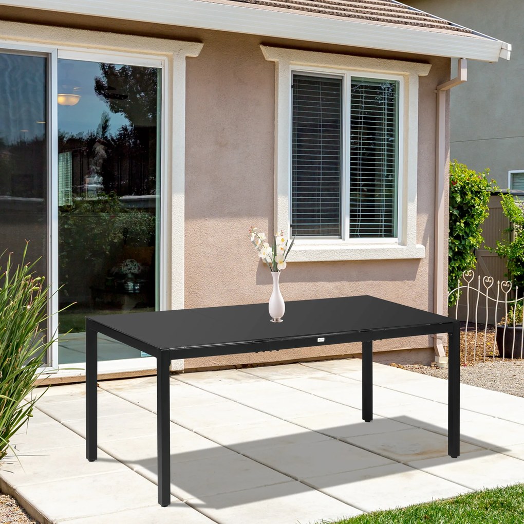Mesa de jardim retangular 180x80x72cm para 8 pessoas com tampo em vidro temperado e estrutura em alumínio preto (CADEIRAS NÃO INCLUÍDAS)