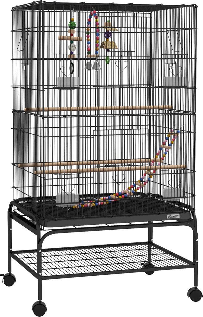 PawHut Gaiola para Pássaros com Área de Recreio, Rodas, Bandeja Removível e Prateleira, 64x45x110 cm, Preto | Aosom Portugal
