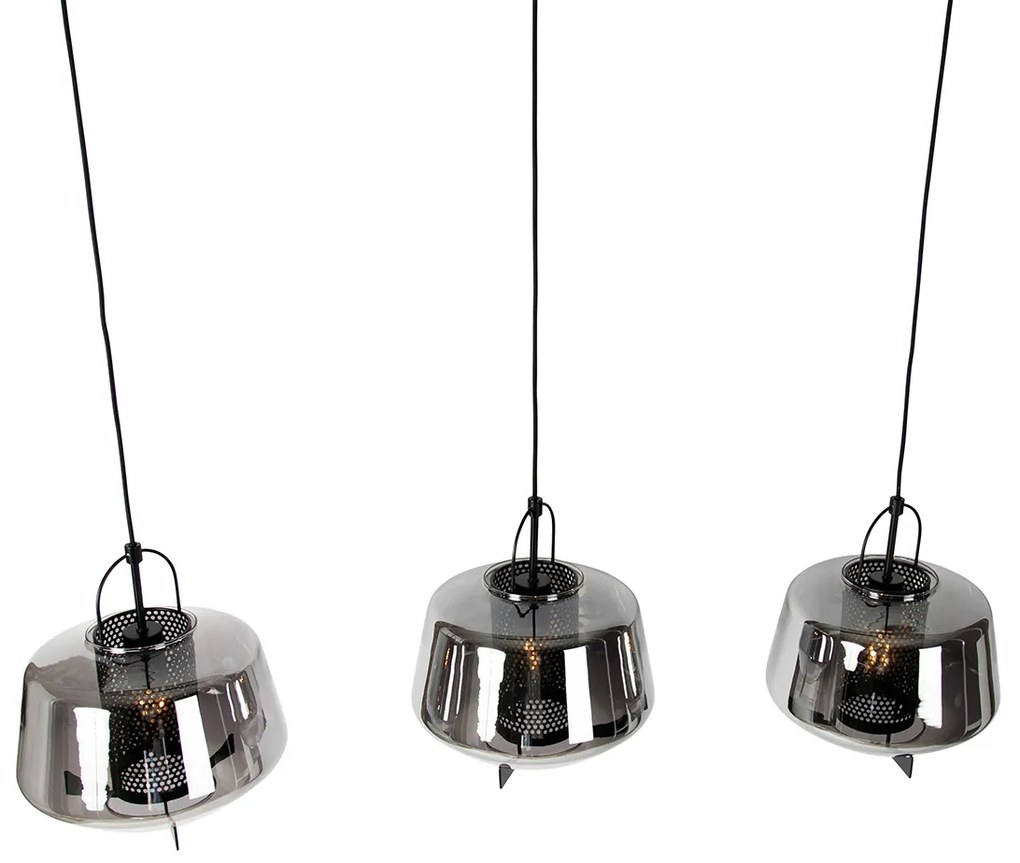 Candeeiro suspenso preto com vidro fumê 30 cm oblongo 3 luzes - Kevin Art Deco