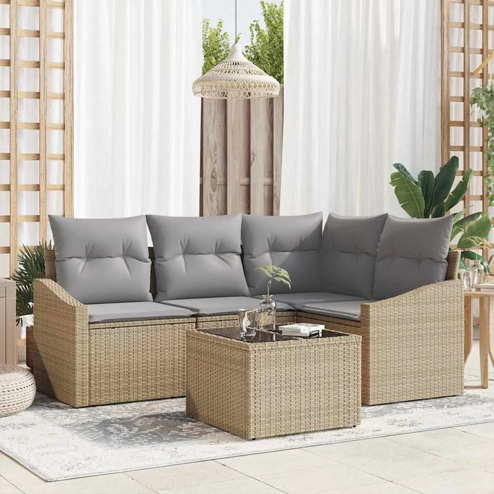 Conjunto de Sofá de Jardim 5 Peças com Almofadas em Rattan Preto