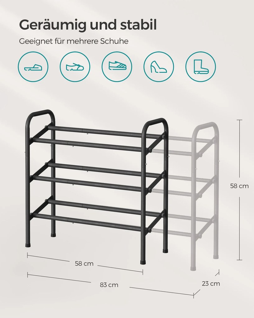 Sapateira com 3 níveis extensível em metal Preto