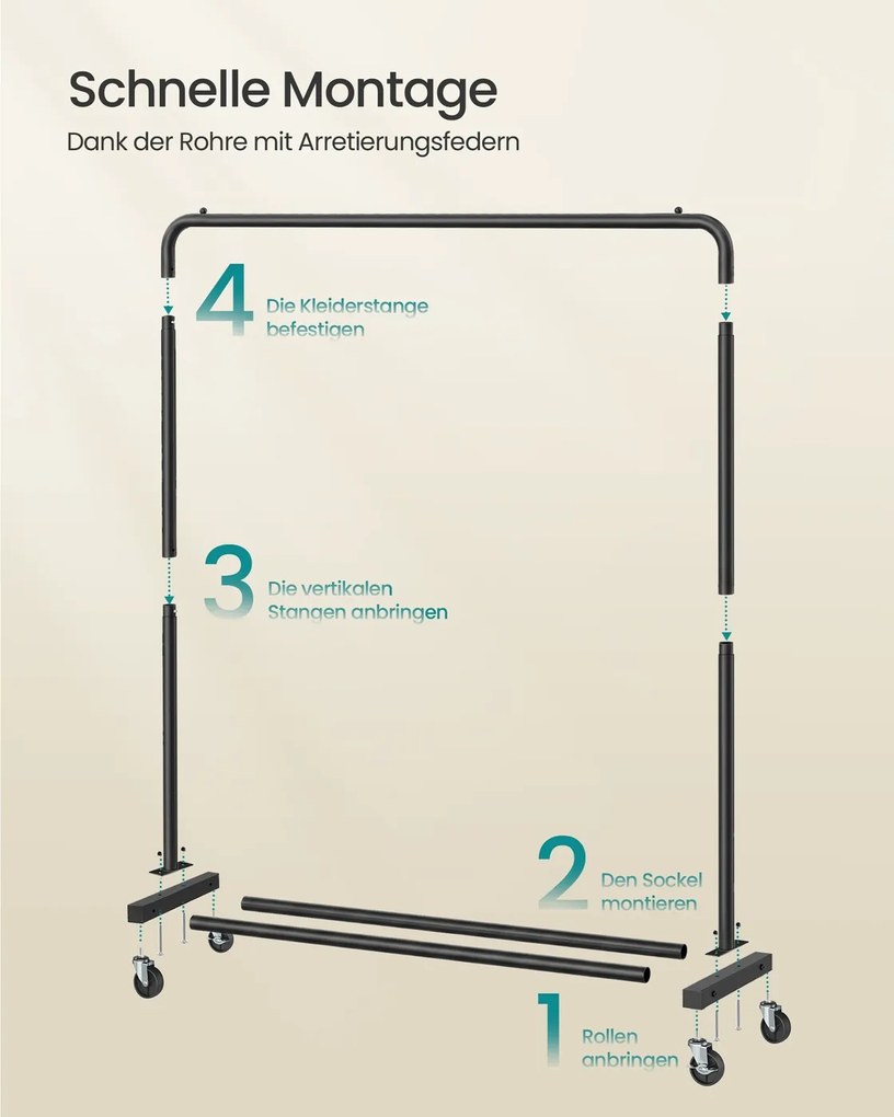 Guarda roupa cabideiro 38 x 110 x 141,5 cm com rodas para arrumação flexível, Preto