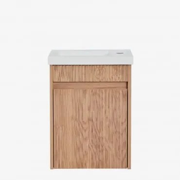 Conjunto De Móvel De Casa De Banho Suspenso Em Madeira Com Lavatório Integrado Narek Castanho Fresno & Sem Espelho & Sem Torneira - Sklum