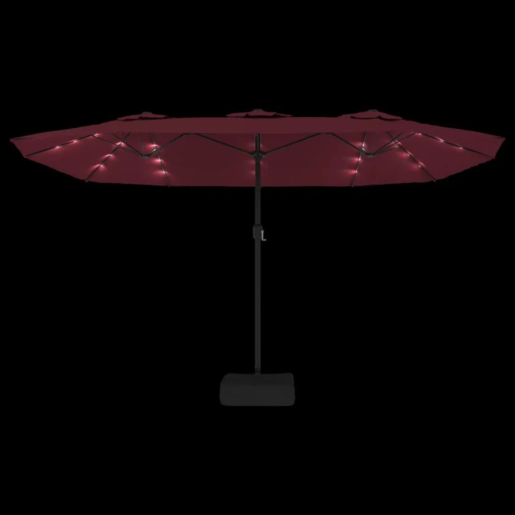 Guarda-sol de jardim c/ cabeça dupla/luzes LED 449x245 cm bordô